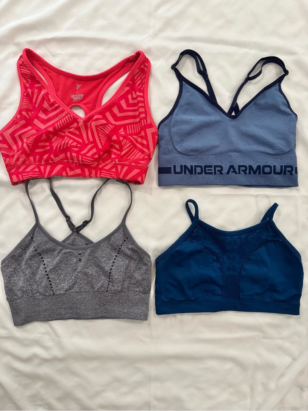 Set of 4 Assorted Sports Bras, Under Armor, Fabletics, Pink, Blue, Gray, Size S